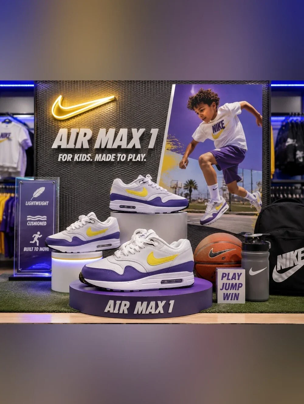 Nike Air Max 1 (GS) – White / Tour Yellow / Purple – Size 6Y